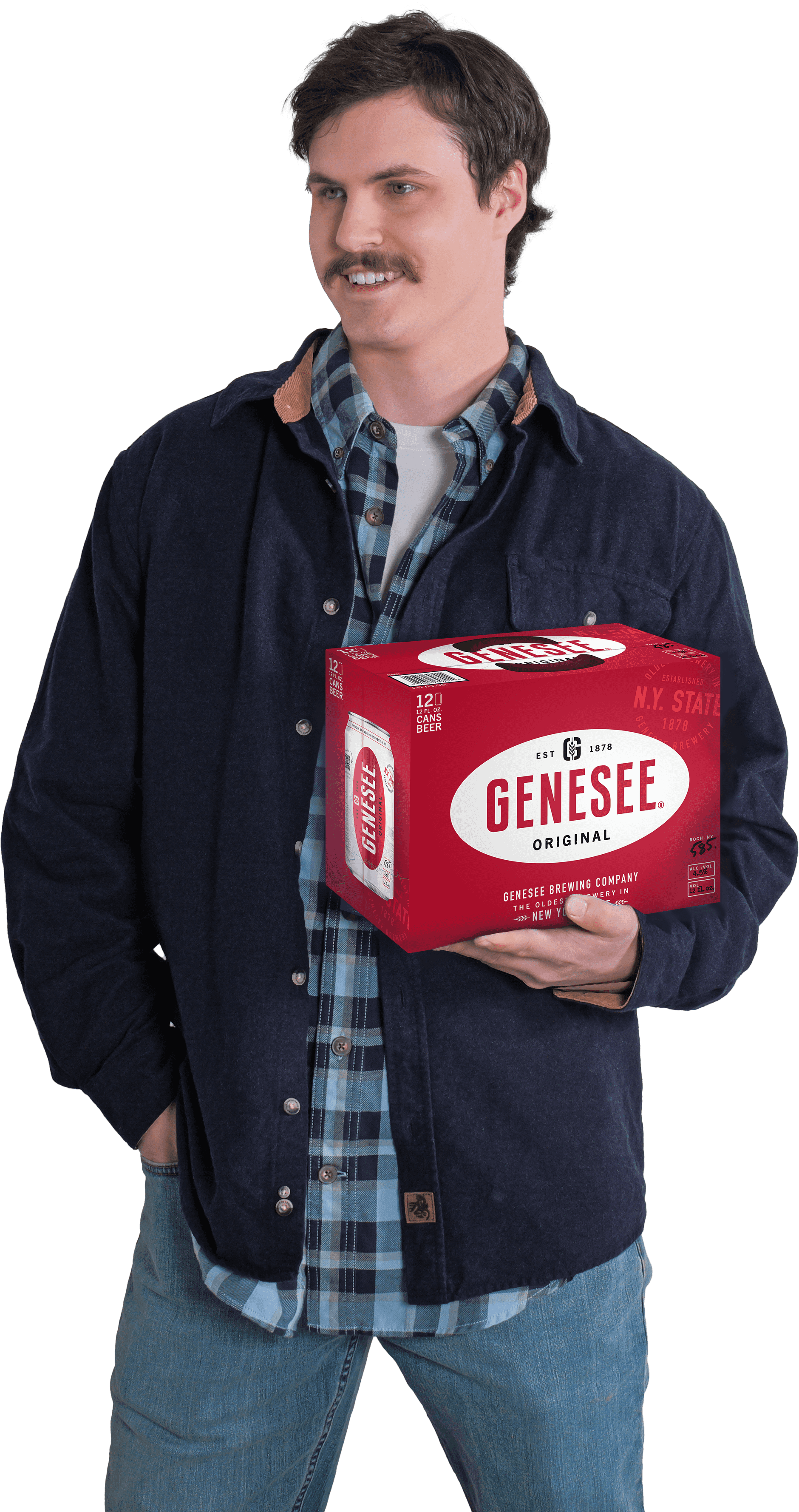 A man holding a 12-pack of Genesee Light cans
