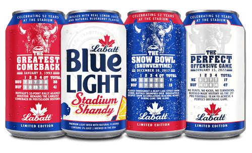 The different styles of the Labatt Stadium Shandy collectable cans
