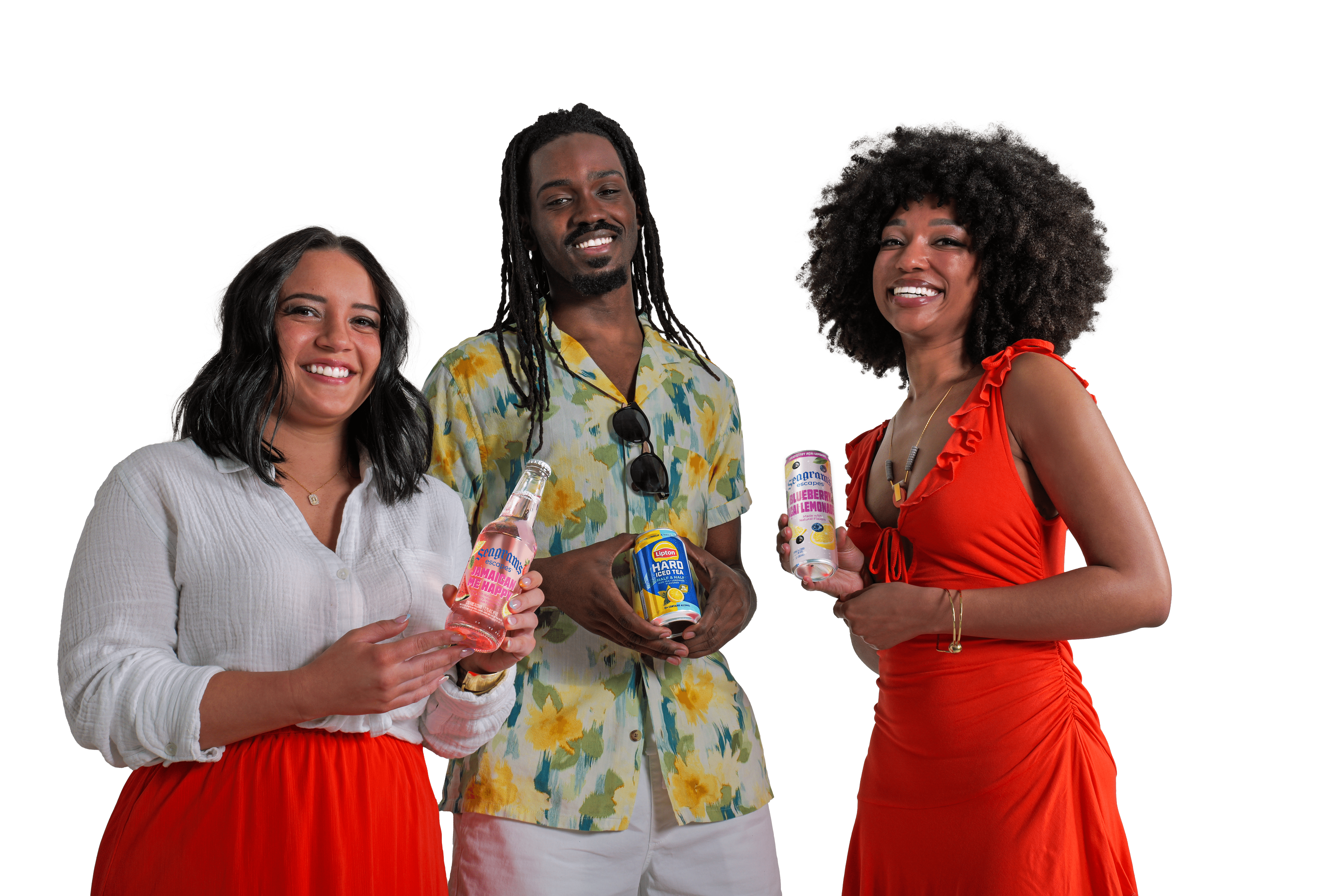 A group of people holding Seagram's Escapes and Lipton Hard Iced Tea products